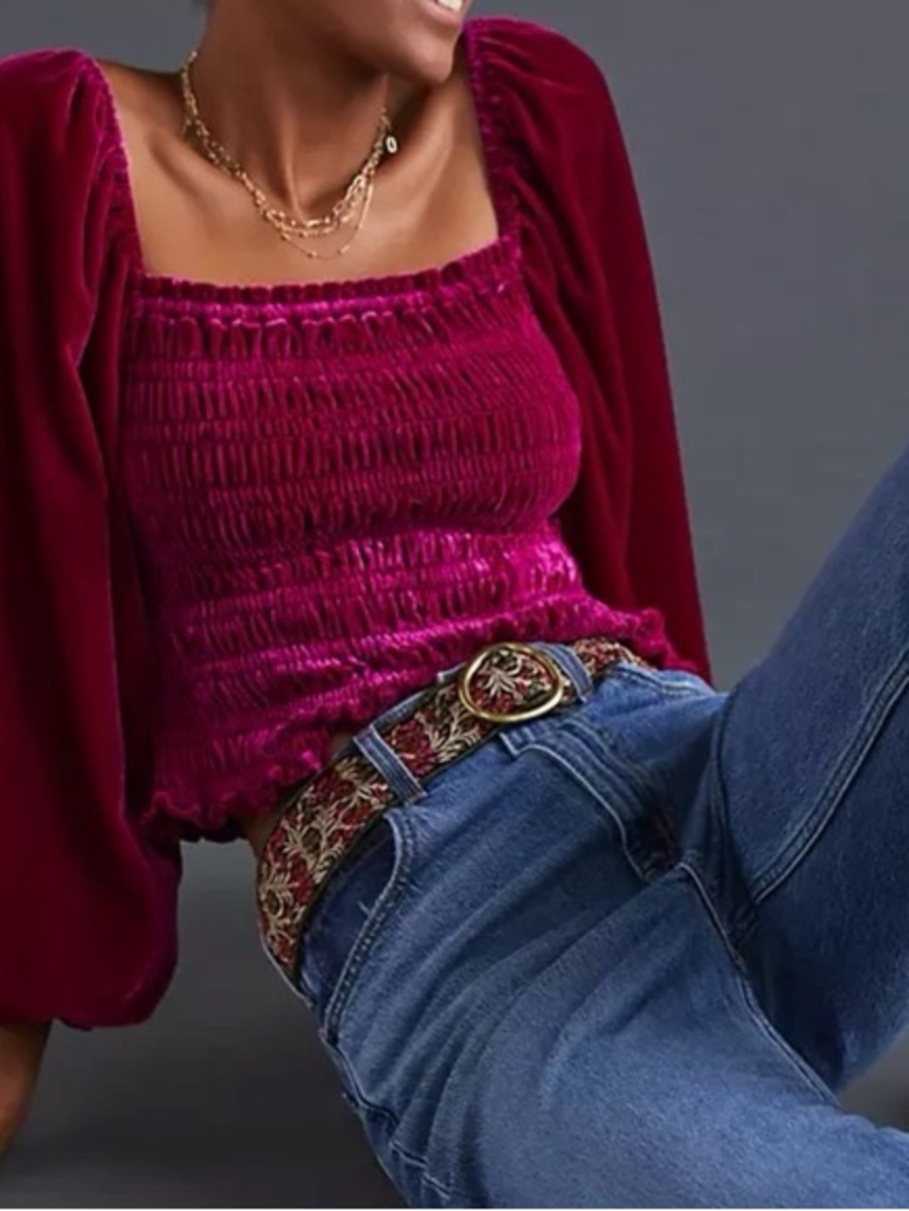 Anthropologie Velvet Smocked Puff Sleeve Blouse